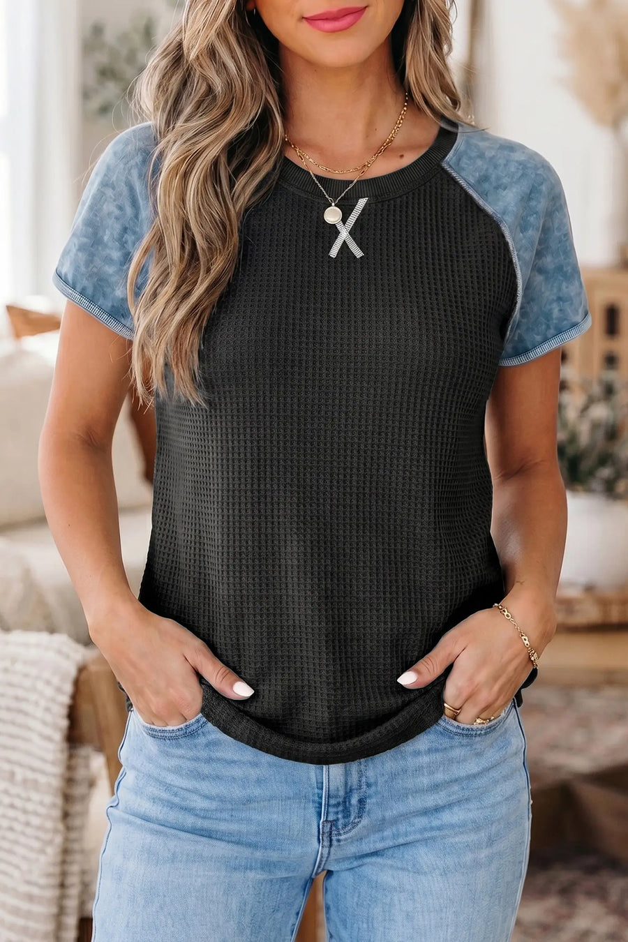 Waffle Knit Colour Block Patchwork Short Sleeve Top Women UK — second colourway | Fashionfitz UK