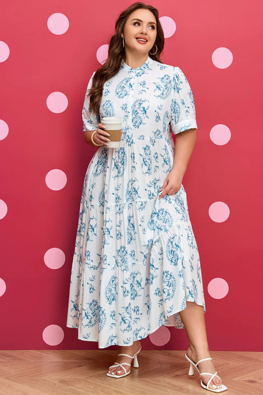 Sky Blue Plus Size Geometric Floral Split Neck Maxi Dress Women UK — side view