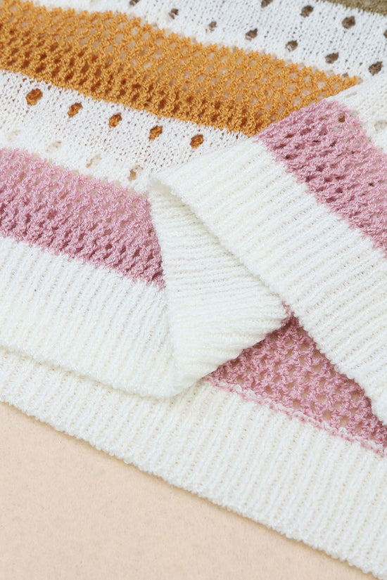 Knitted Loose Sweater - Striped Hollowed