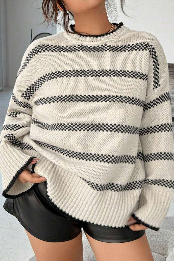 Women's Apricot Striped Bell Sleeve Jumper styled with black shorts, showcasing relaxed fit and cozy knit texture. Ideal for casual fall outfits.