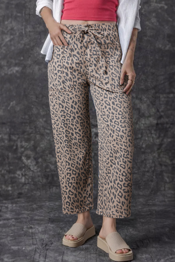 Leopard Print Drawstring Barrel Leg Jeans Women UK