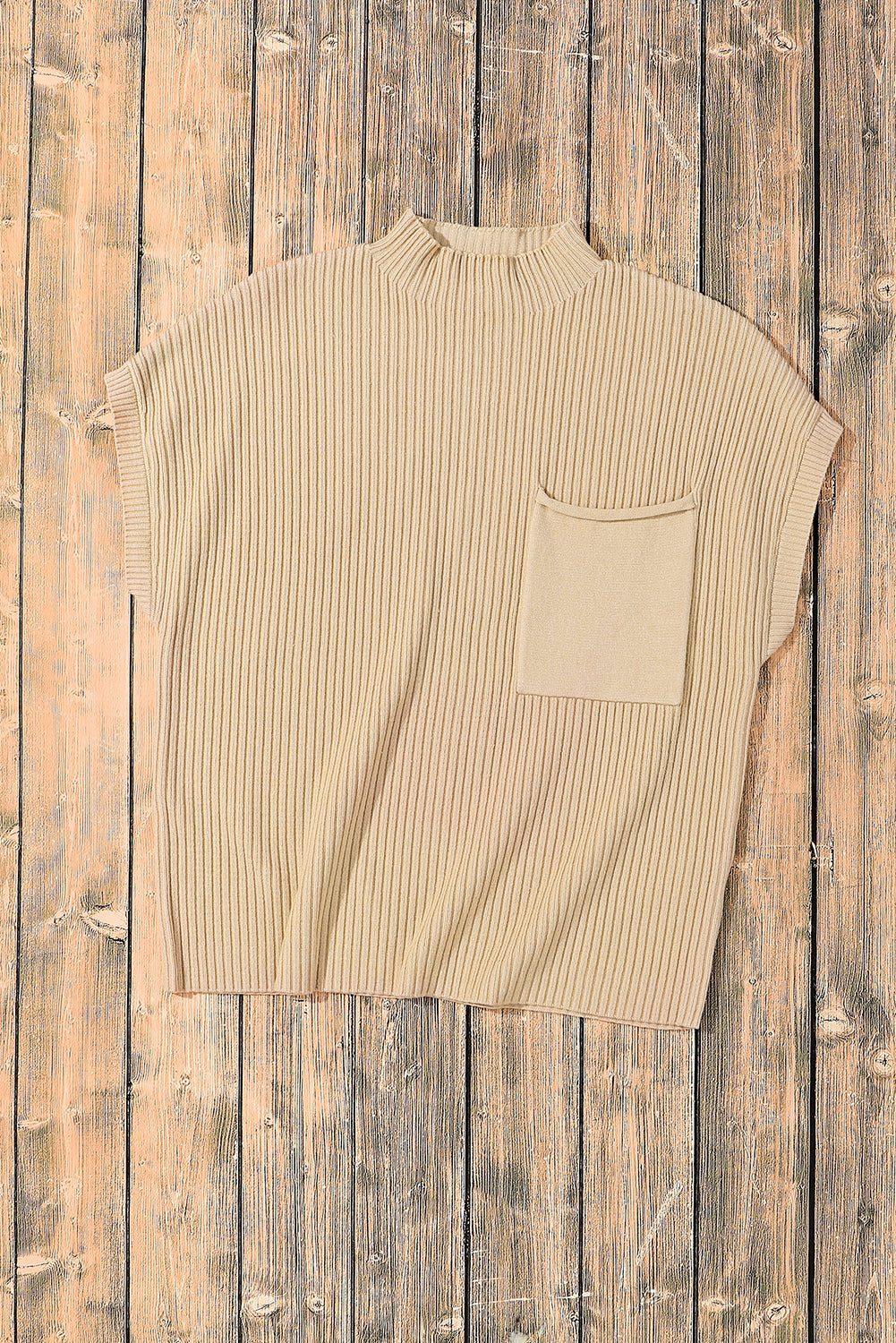 Ribbed Knit Short Sleeve Sweater -  Patch Pocket