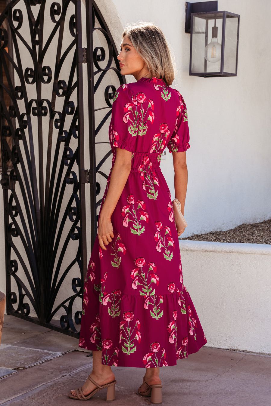 Red Floral Frilled V Neck Short Sleeve Ruffle Hem Maxi Dress Women UK — side view