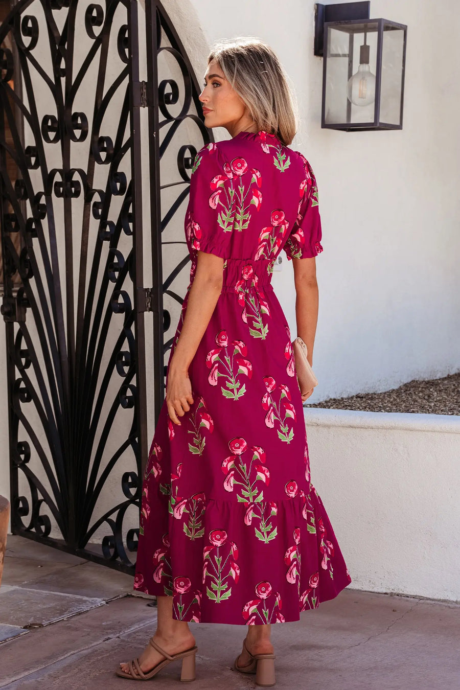 Red Floral Frilled V Neck Short Sleeve Ruffle Hem Maxi Dress Women UK — side view
