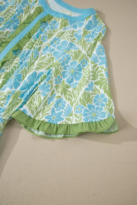 Sky blue floral print high waist ruffle short sleeve mini dress