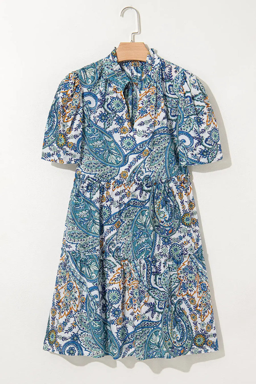 Blue Boho Paisley Floral V Neck Short Sleeve Mini Dress Women UK