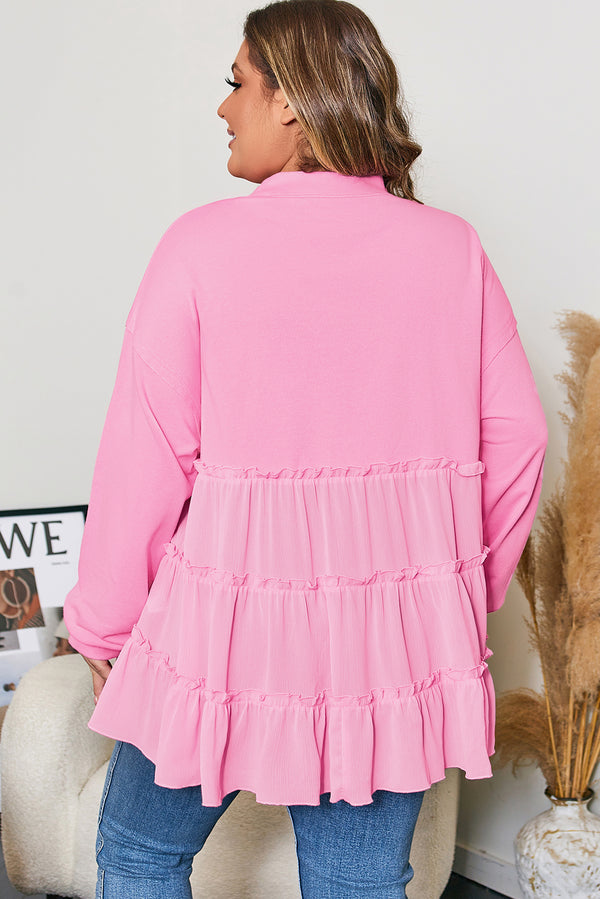 Back view of tiered ruffle ribbed crew neck plus size pullover