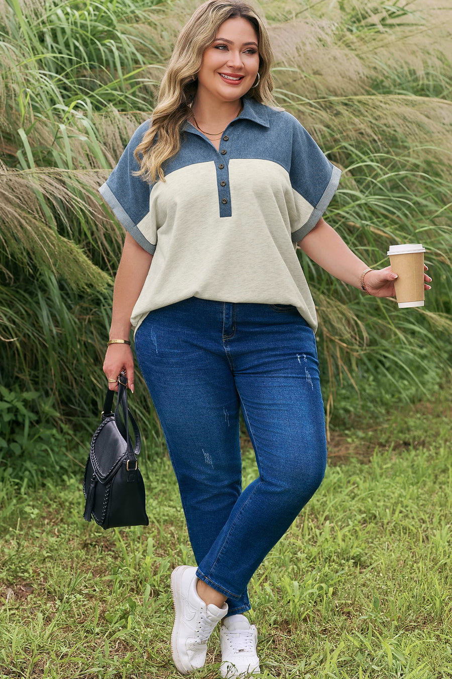 Half Button Collared Denim Patchwork Plus Size Short Sleeve Top UK