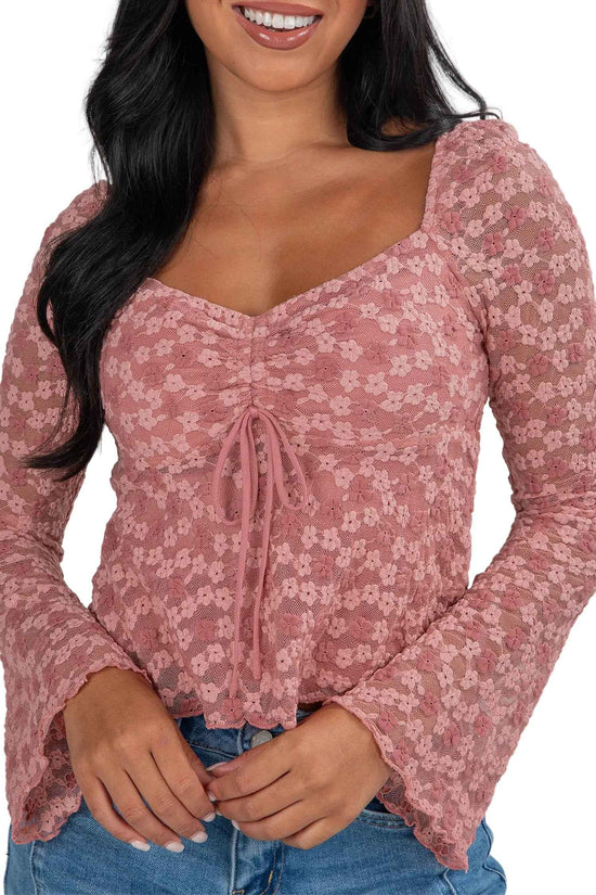 Pink floral lace blouse for women with bell sleeves and square neckline. Romantic top ideal for spring dates and Valentine's Day outfits.