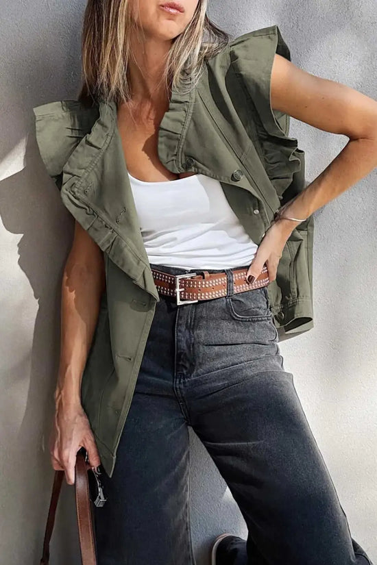 Green Bay Ruffled Denim Vest - Women's Fashion Trends styled with white tank top and black jeans, featuring ruffled sleeves and button front.
