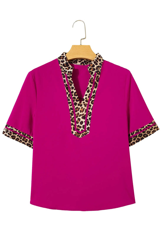 Leopard patchwork split v-neck short sleeve blouse blouses