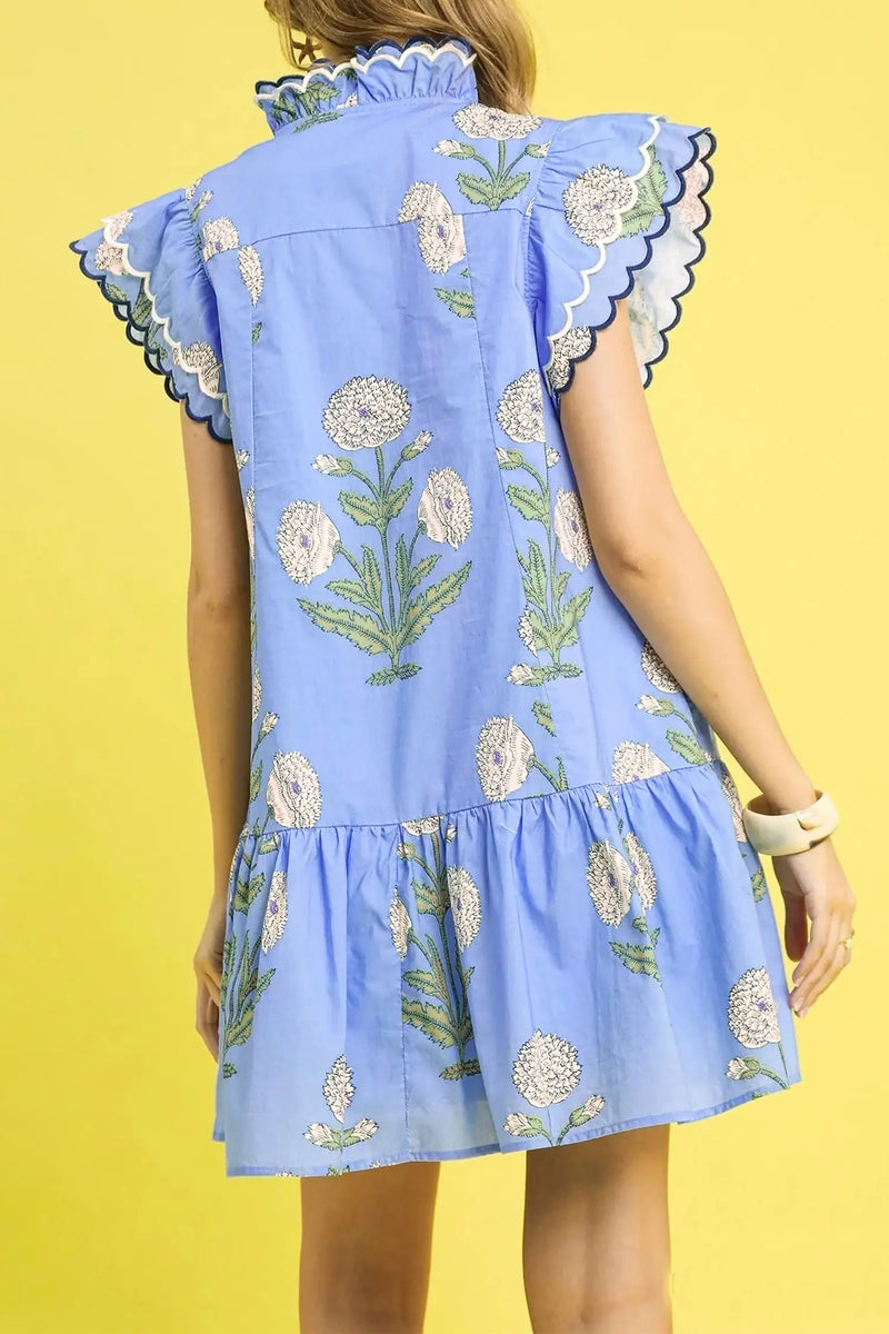 Blue Bold Floral Flutter Sleeve Mini Dress with Pockets Women UK