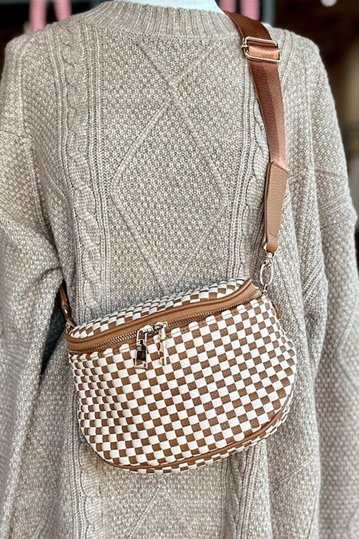 Checkerboard Woven Zip Crossbody Bag Women UK