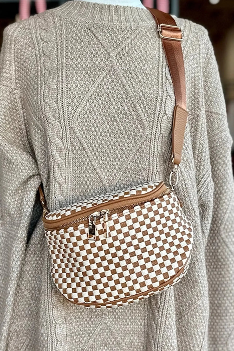 Women's checkerboard crossbody bag side view woven zip casual