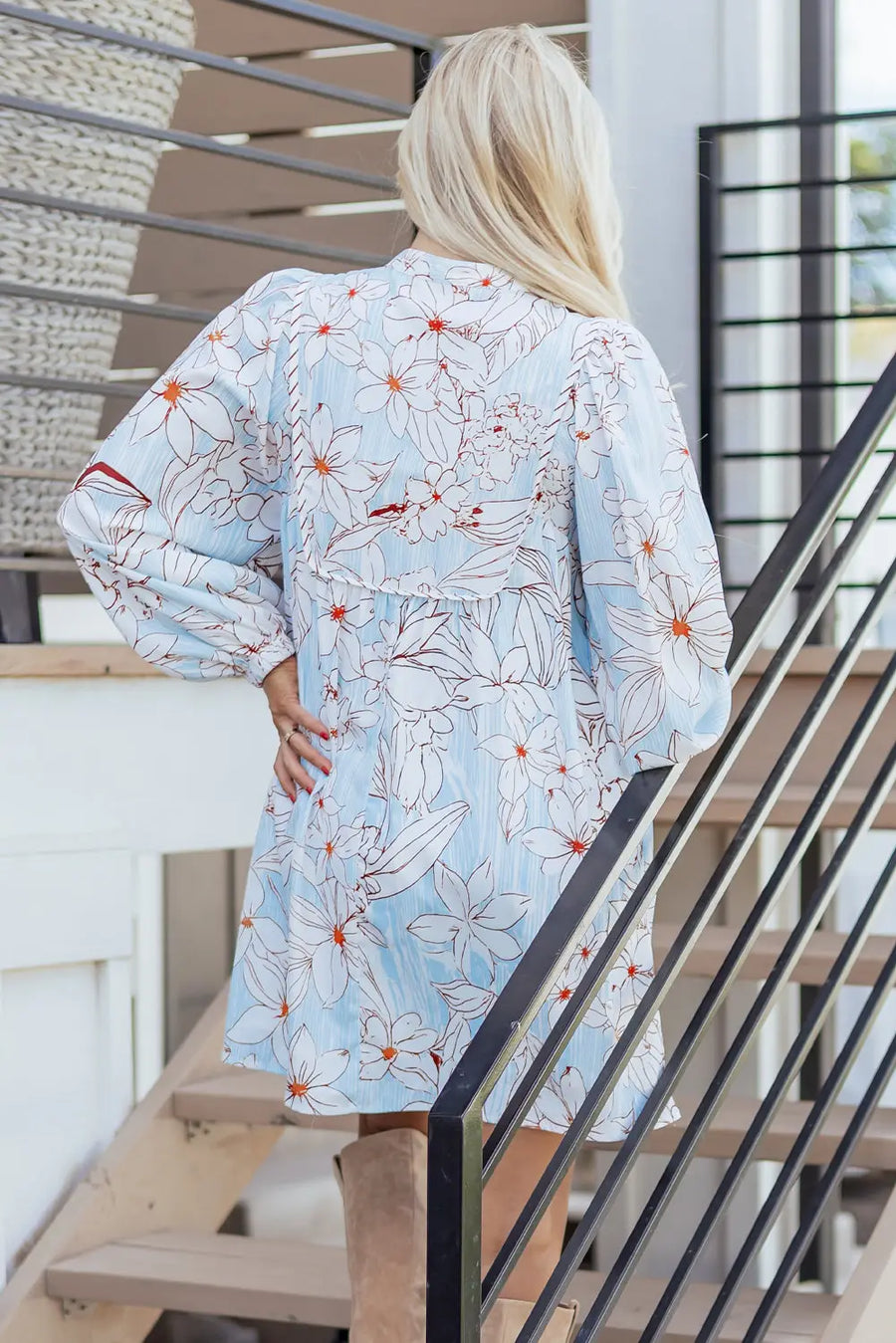 Brown Floral Tie Neck 3/4 Sleeve Mini Dress Women UK — side detail