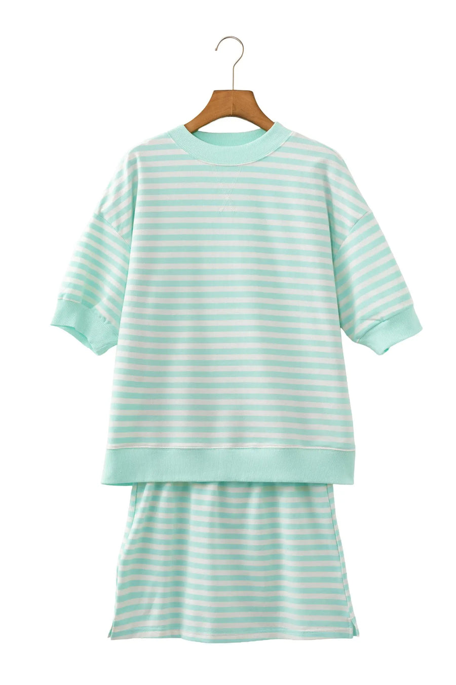 Green Stripe Ribbed Colour Block Trim Half Sleeve Top Mini Skort Set Women UK