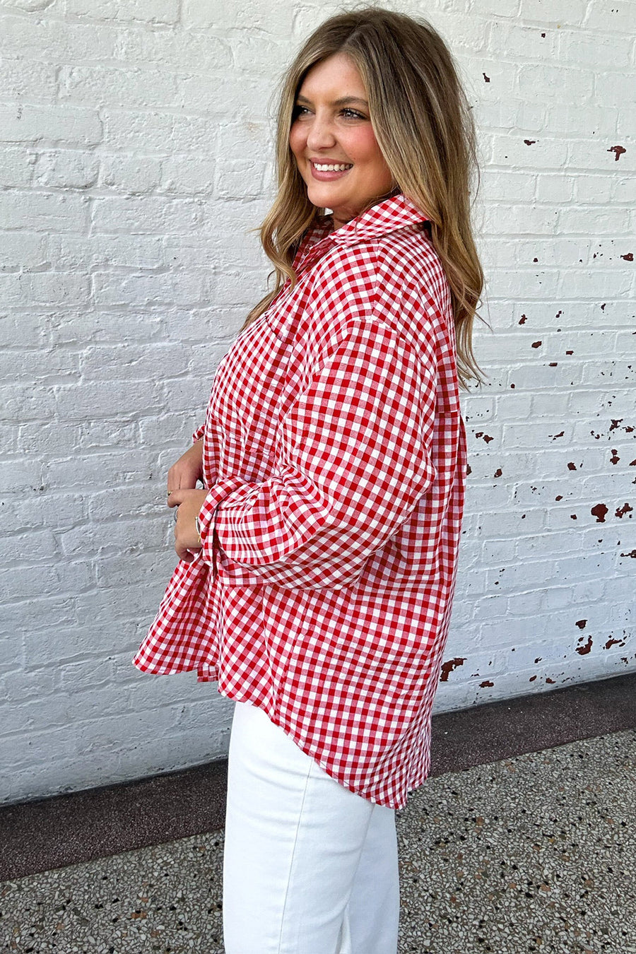 Plaid V Neck Long Sleeve Tunic Loose Fit Plus Size Shirt Women UK