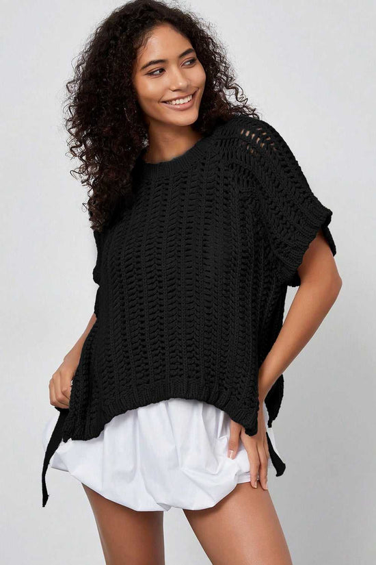 Front angled view of black Plus Size Bow Tie Open‑Knit Jumper for Women featuring soft open-knit design and feminine bow tie.