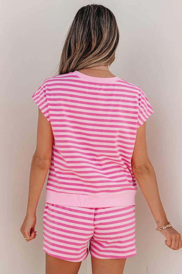 Pink Stripe Cap Sleeve Tee Elastic Waist Shorts 2-Piece Set Women UK
