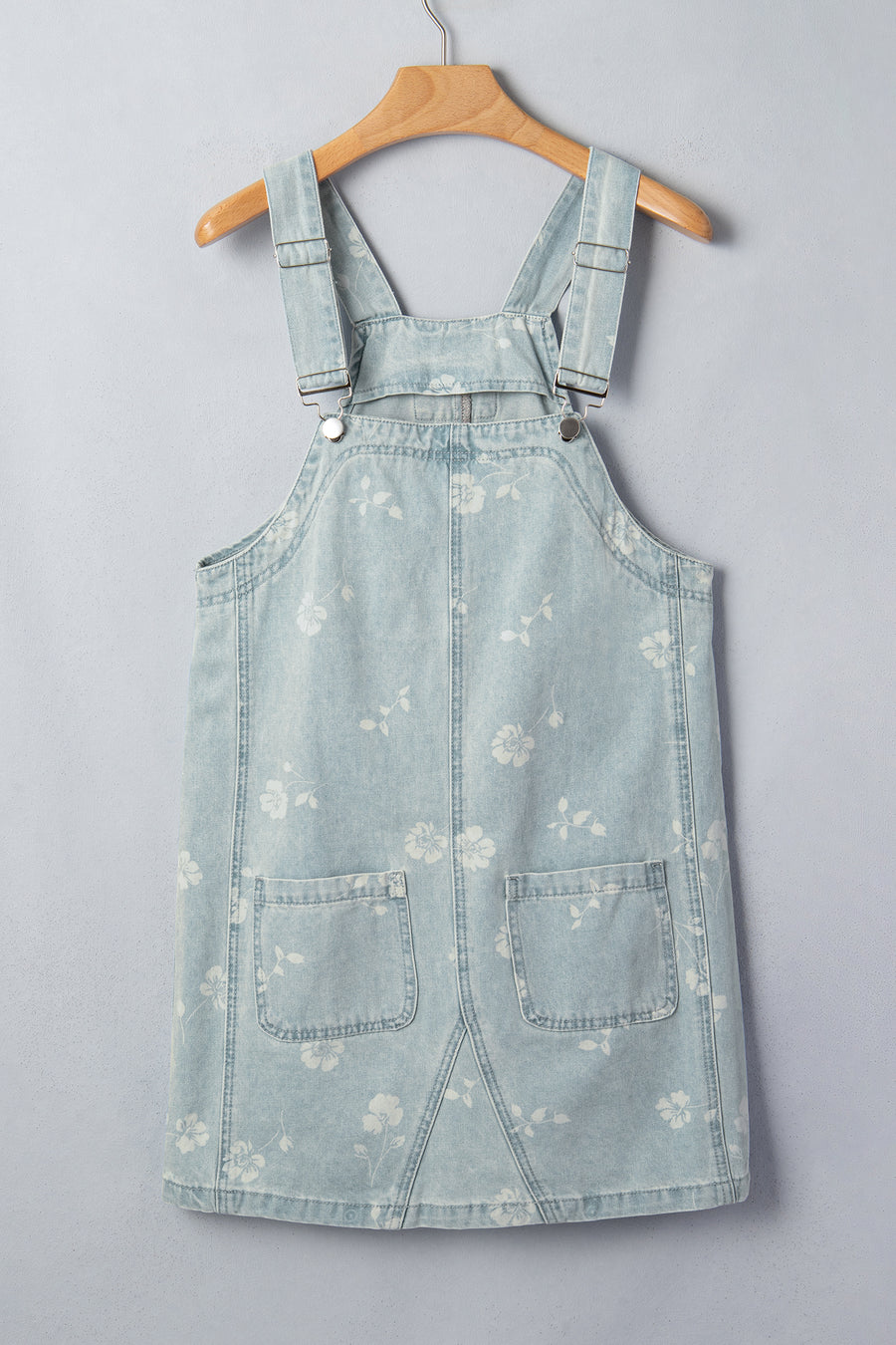 Sky Blue Retro Wash Denim Floral Print Overall Mini Dress Women UK