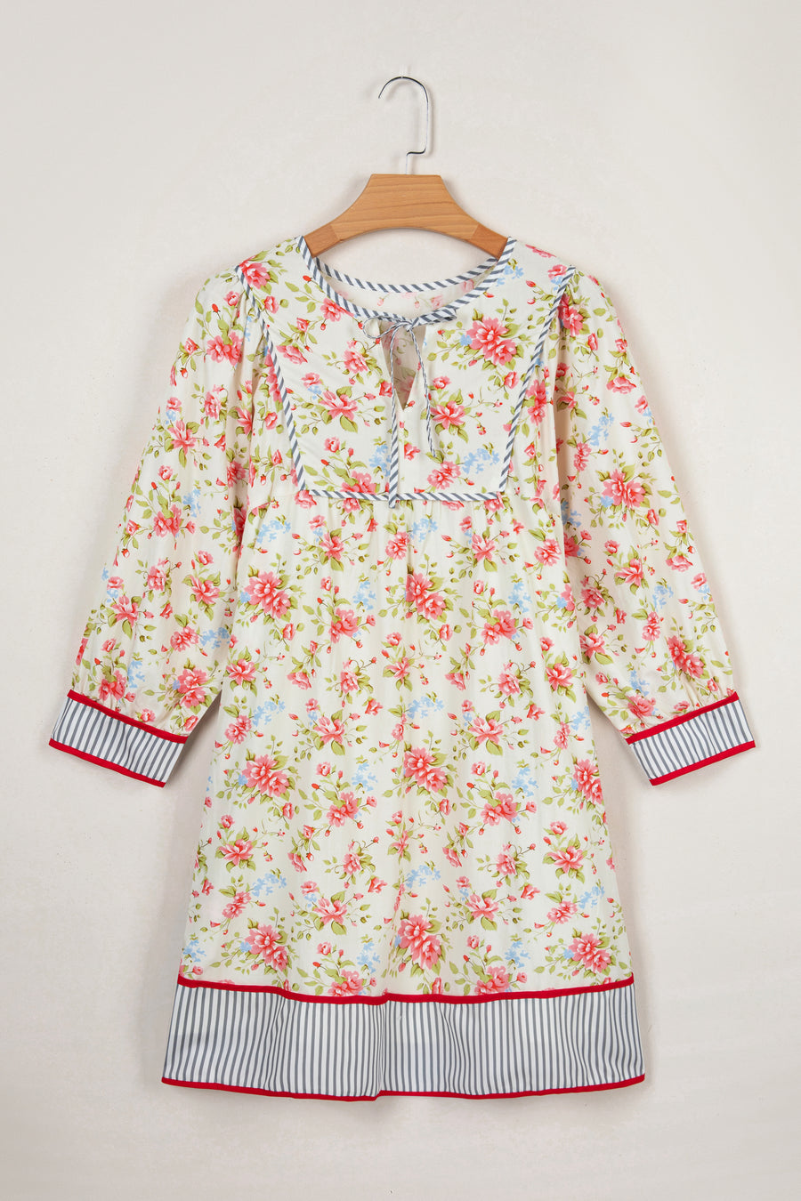 Apricot Floral Striped Edge 3/4 Puff Sleeve Dress Women UK — full length