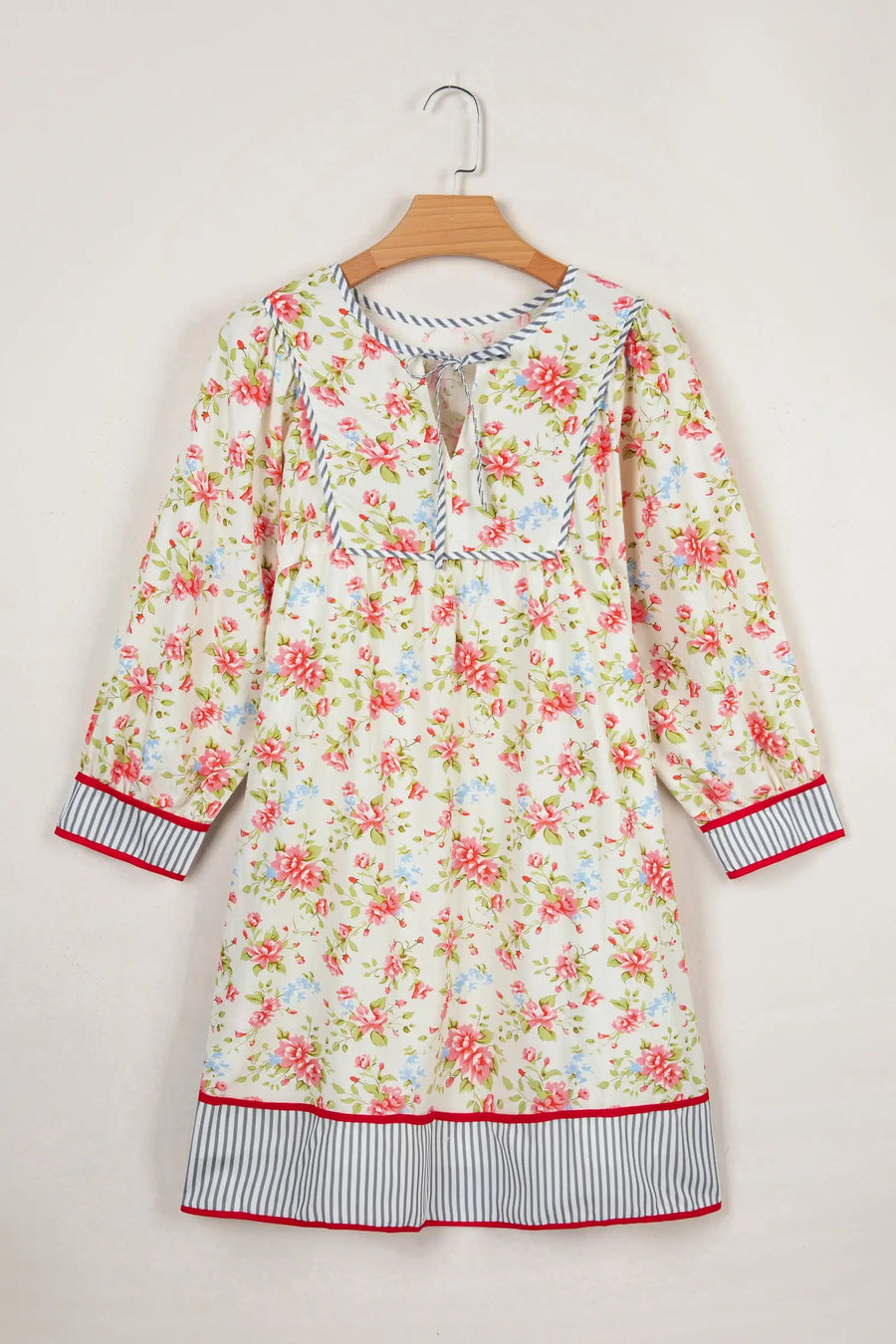 Apricot Floral Striped Edge 3/4 Puff Sleeve Dress Women UK — full length