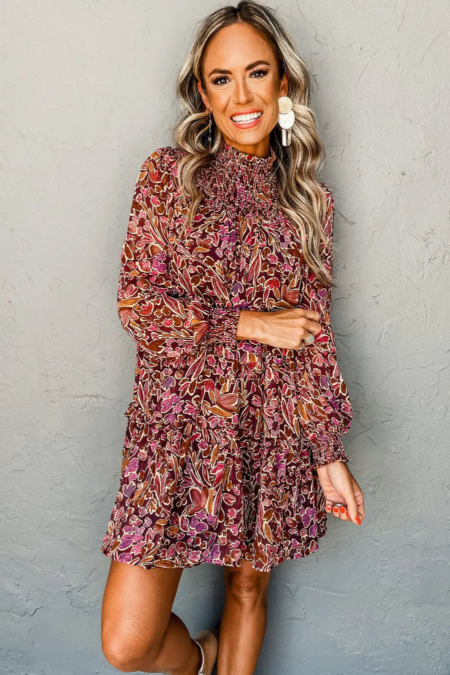 Red Floral Long Sleeve Shirred High Neck Mini Dress Women UK — side view