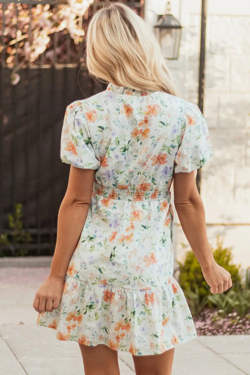 Beige Floral Shirred High Waist Puff Sleeve Mini Dress Women UK