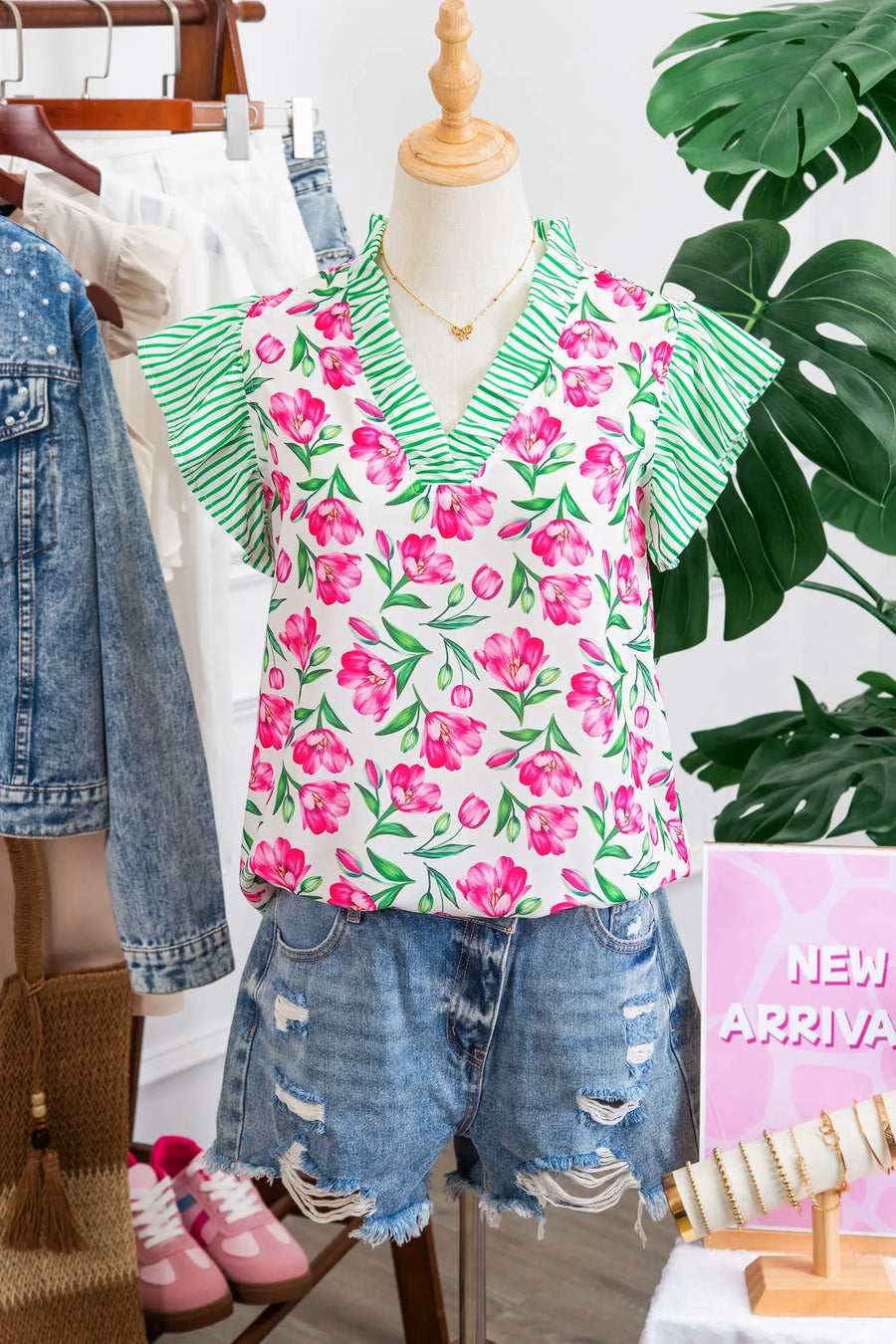 Multicolour sweet floral print striped ruffle trim v neck blouse blouses