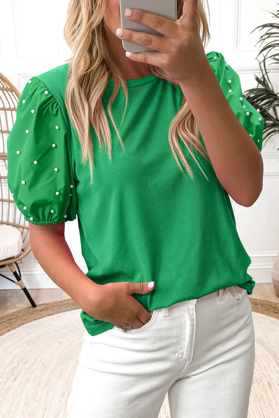 Ribbed Pearl Beaded Puff Sleeve Top Women UK — fabric texture detail | Fashionfitz UK