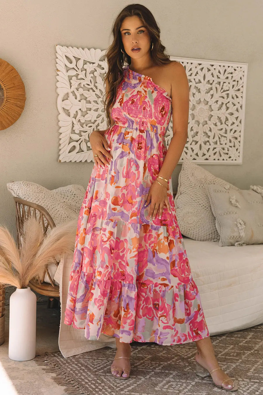 Pink Abstract Floral Shirred One Shoulder Maxi Dress Women UK