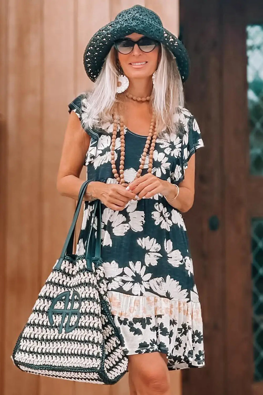 Green Floral Ruffle Sleeve Empire Waist Mini Dress Women UK — lifestyle view