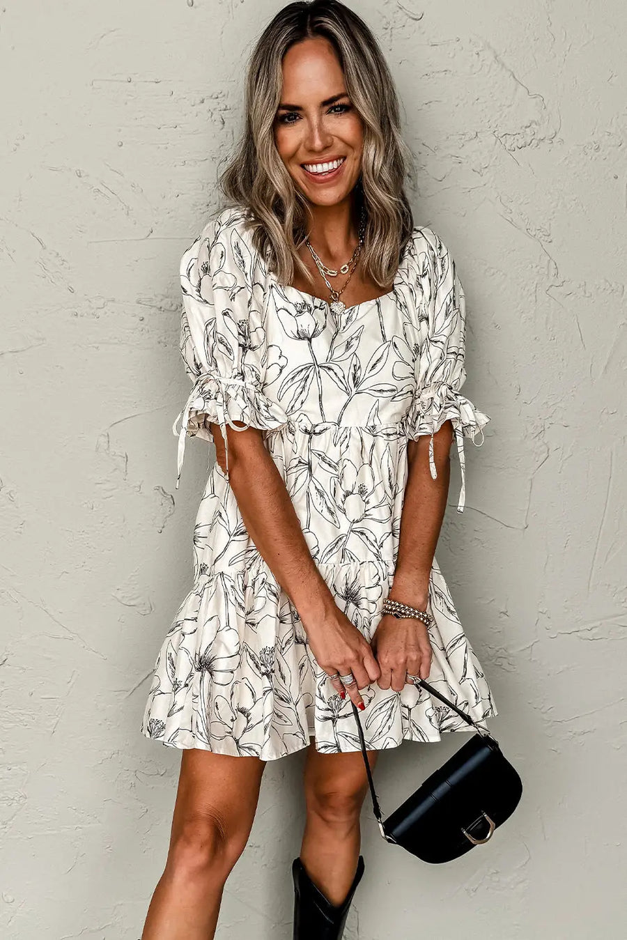 Beige Floral Square Neck Shirred Back Puff Sleeve Mini Dress Women UK