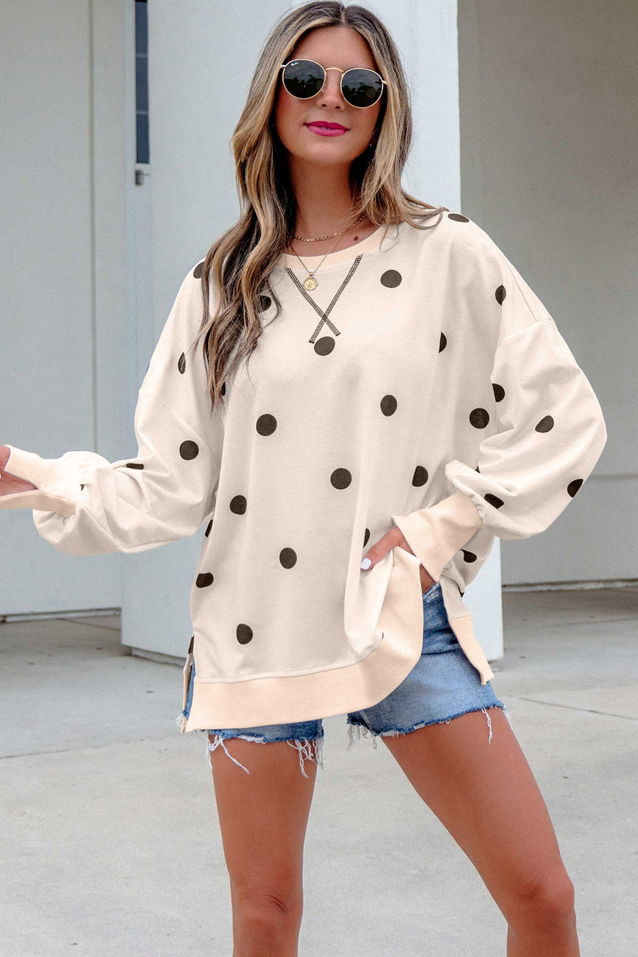 Polka Dot Long Sleeve Round Neck Tunic Sweatshirt