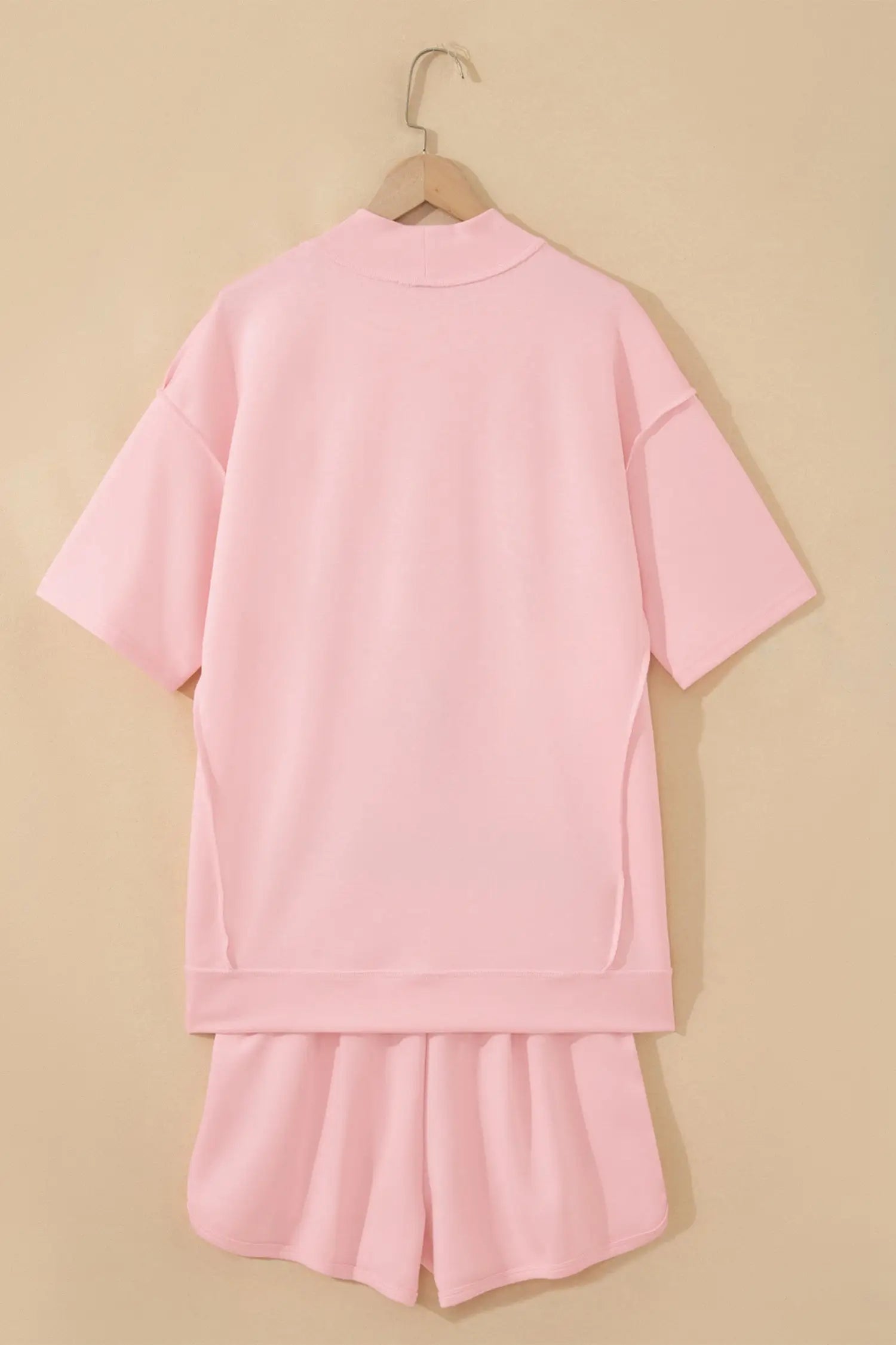 Exposed seam mock neck oversized tee shorts two piece set pockets outfit sets