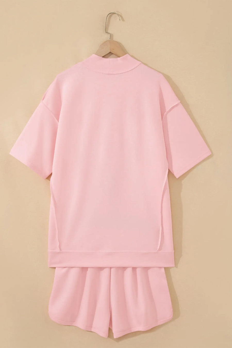 Exposed seam mock neck oversized tee shorts two piece set pockets outfit sets