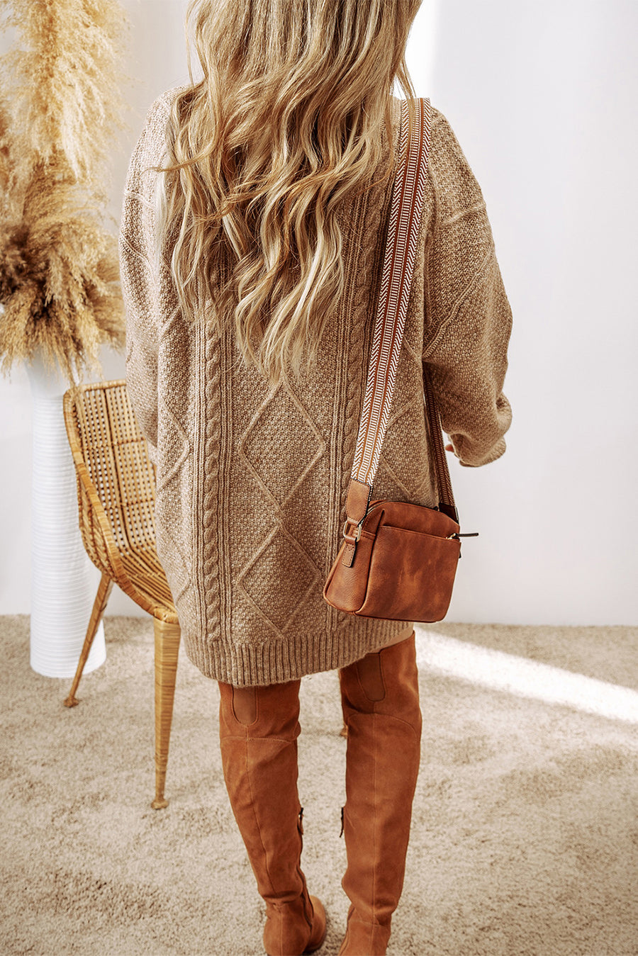 Parchment Cable Knit Drop Shoulder Loose Fit Jumper Dress UK