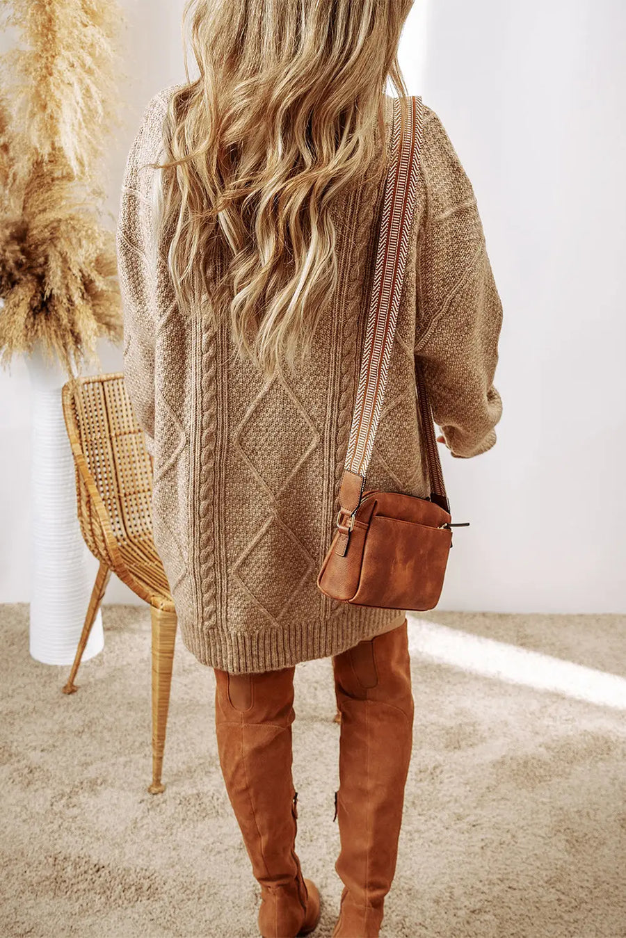 Parchment Cable Knit Drop Shoulder Loose Fit Jumper Dress UK