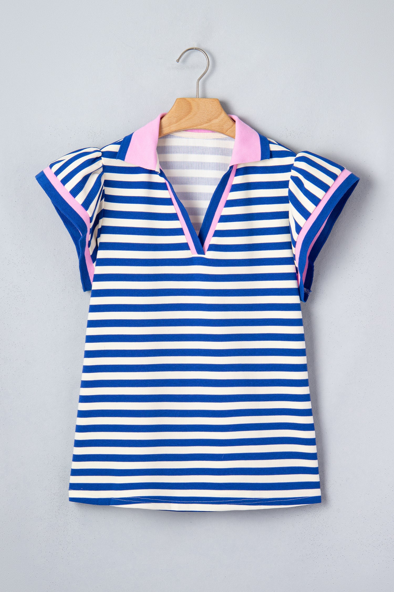 Stripe Contrast Trim Polo Collar Ruffled Short Sleeve Blouse