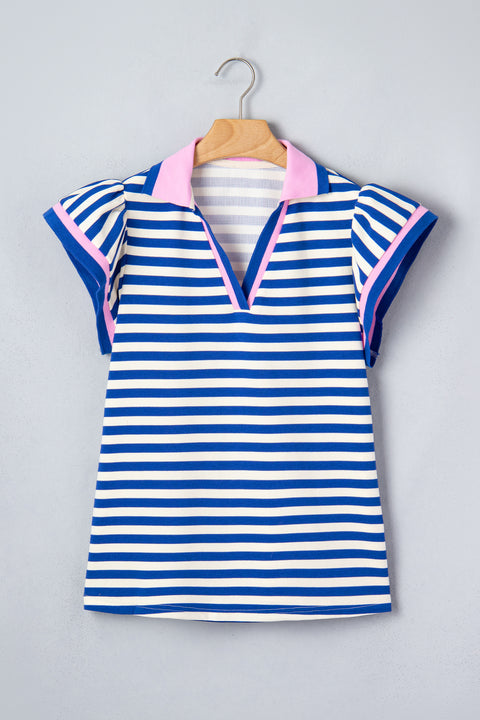 Stripe contrast trim polo collar ruffled short sleeve blouse front view — Fashionfitz UK