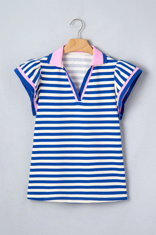 Women's stripe contrast trim polo collar ruffled short sleeve blouse front view