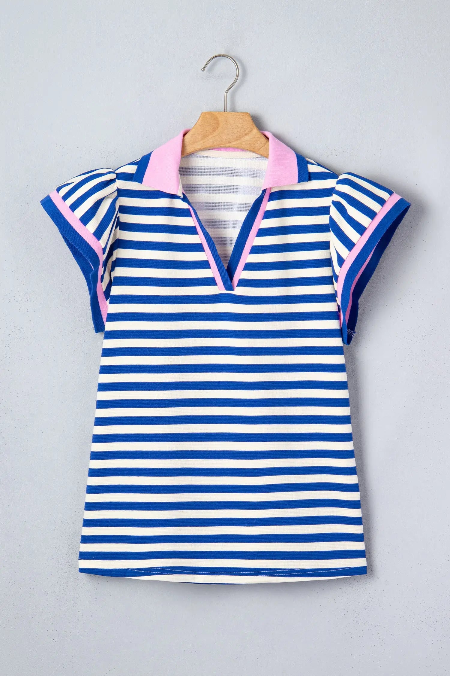 Women's stripe contrast trim polo collar ruffled short sleeve blouse front view
