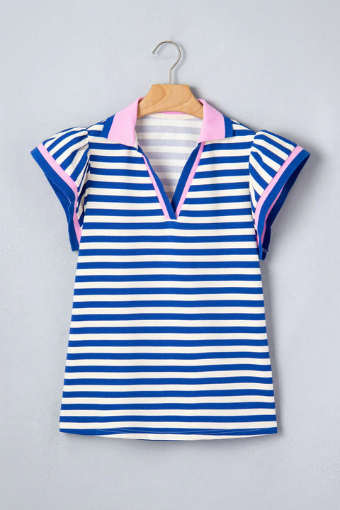 Stripe contrast trim polo collar ruffled blouse front view | Fashionfitz UK