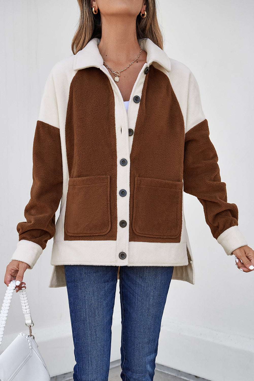 Model showcasing Ladies Brown Panels Fleece Shacket Winter Casual with button-up front and oversized fit, perfect for layering in cold weather.