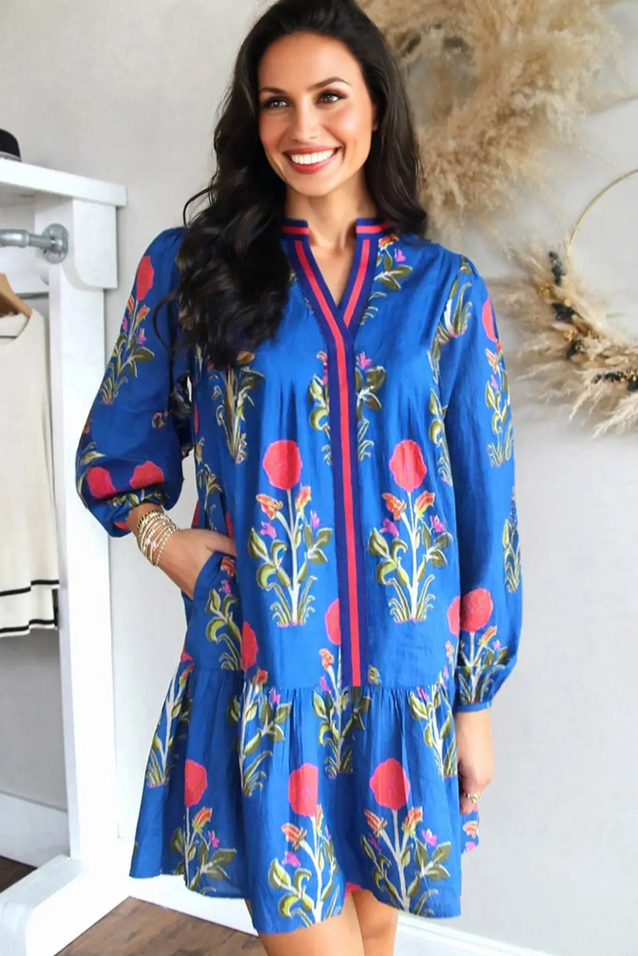 Sky Blue Floral Contrast Striped Notched Neck Dress Women UK — side detail
