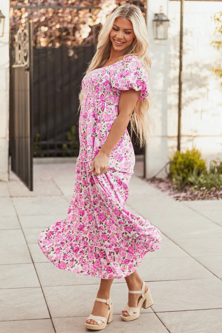 Pink Dainty Floral Smocked Puff Sleeve Flowy Maxi Dress Women UK — side detail