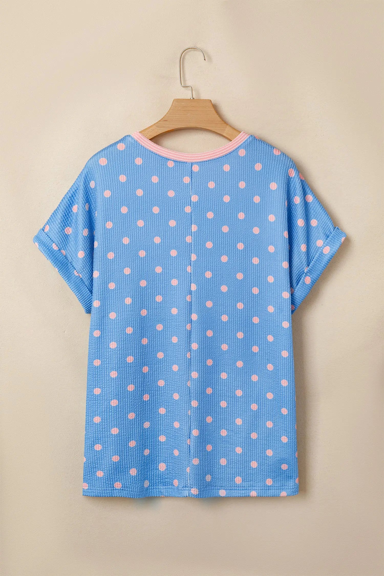 Raised rib polka dot print cuffed short sleeve top t-shirts