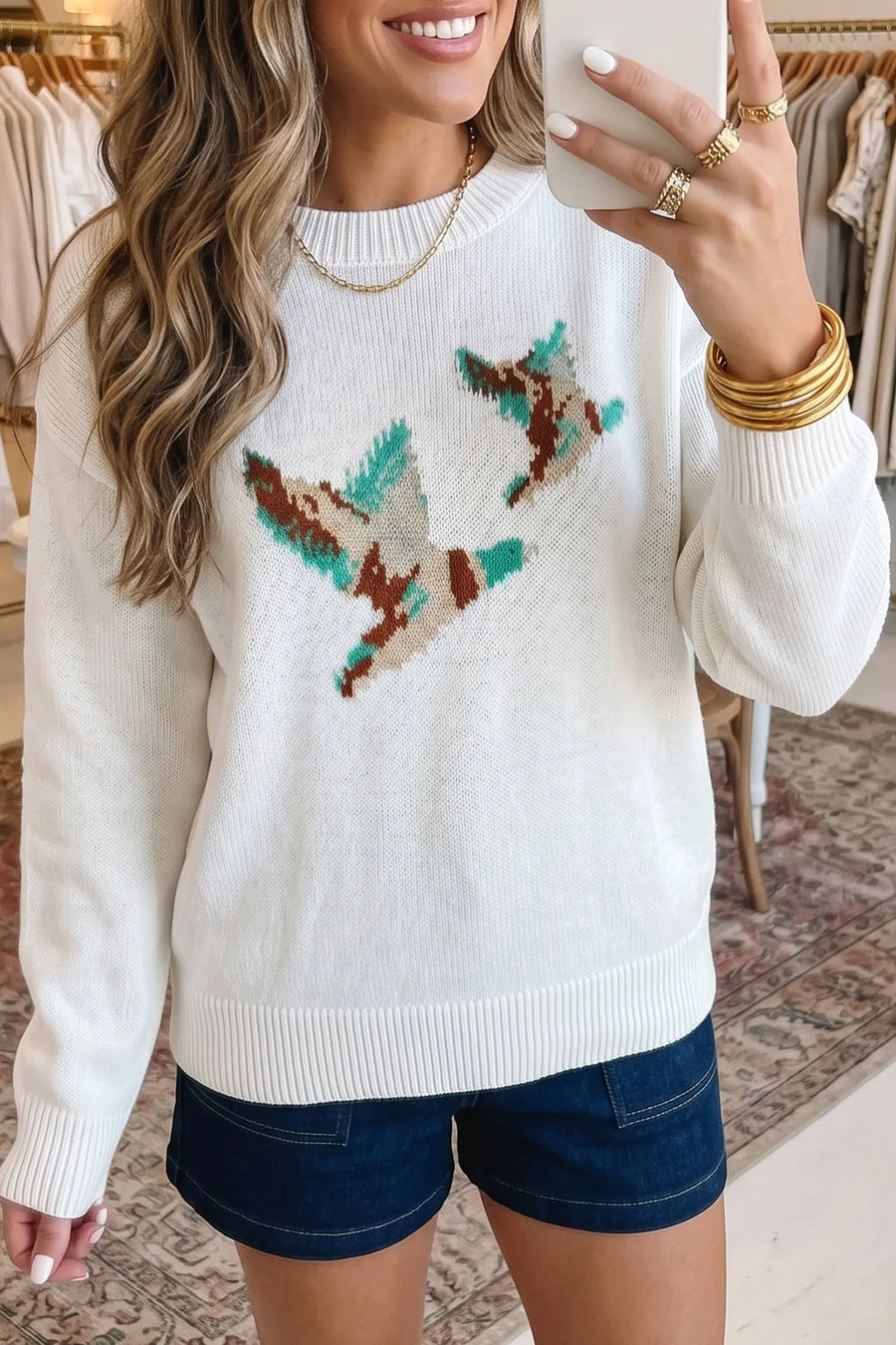 Mallard Print Drop Shoulder Pullover Sweater Women UK — fabric texture detail | Fashionfitz UK