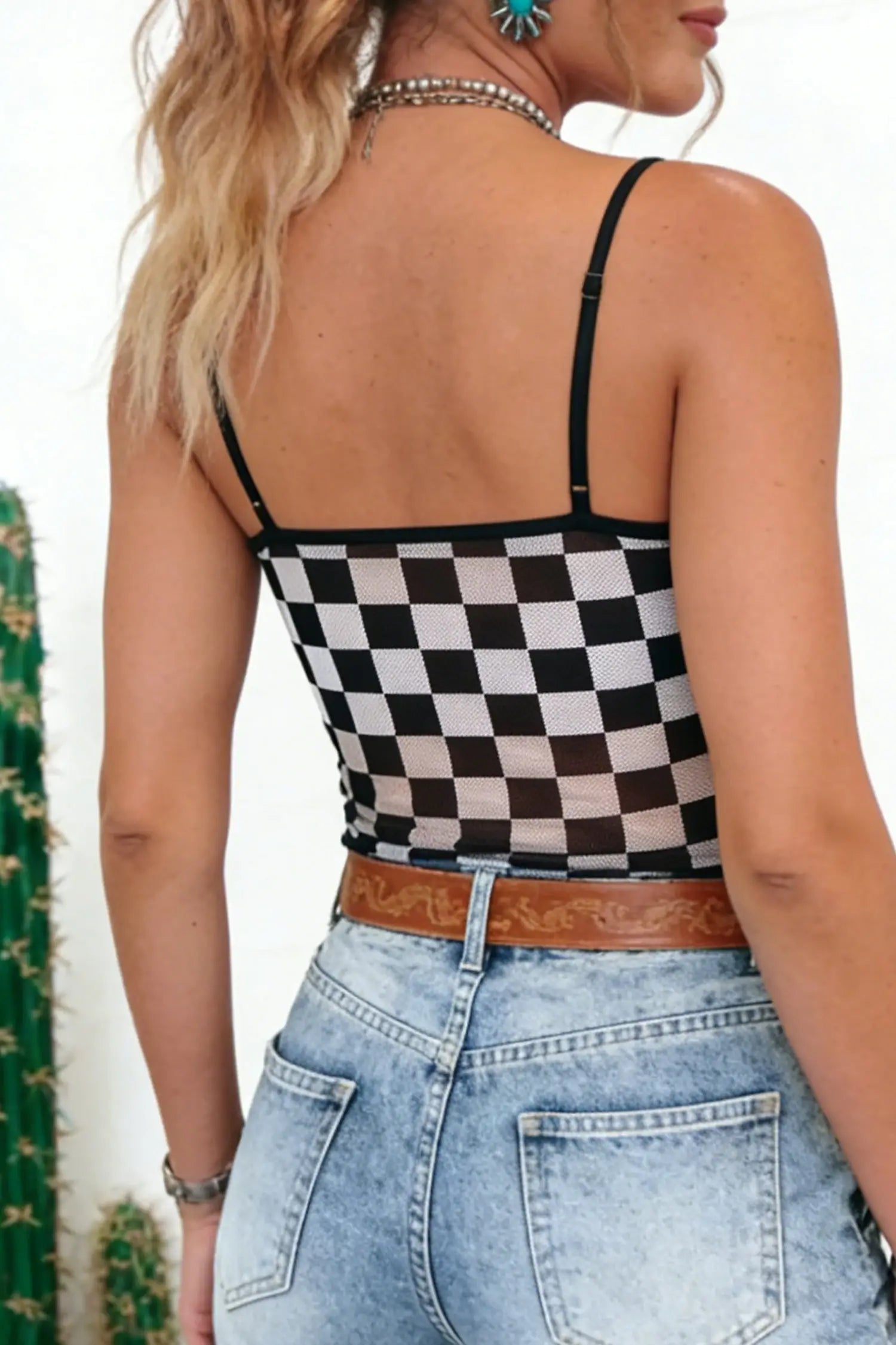 Black sheer checkered print spaghetti straps slim tank top