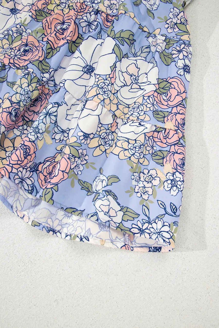 Sky Blue Floral Tiered Spaghetti Strap Vacation Dress Women UK — close-up detail